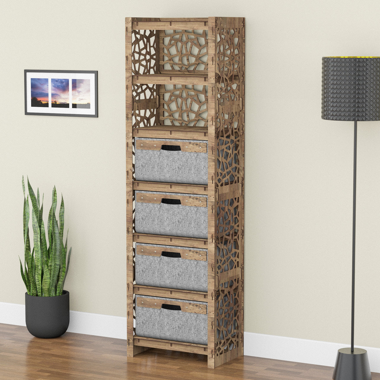 Stones Tall 4 Drawer Storage Tower [4 LARGE GRAY BINS]