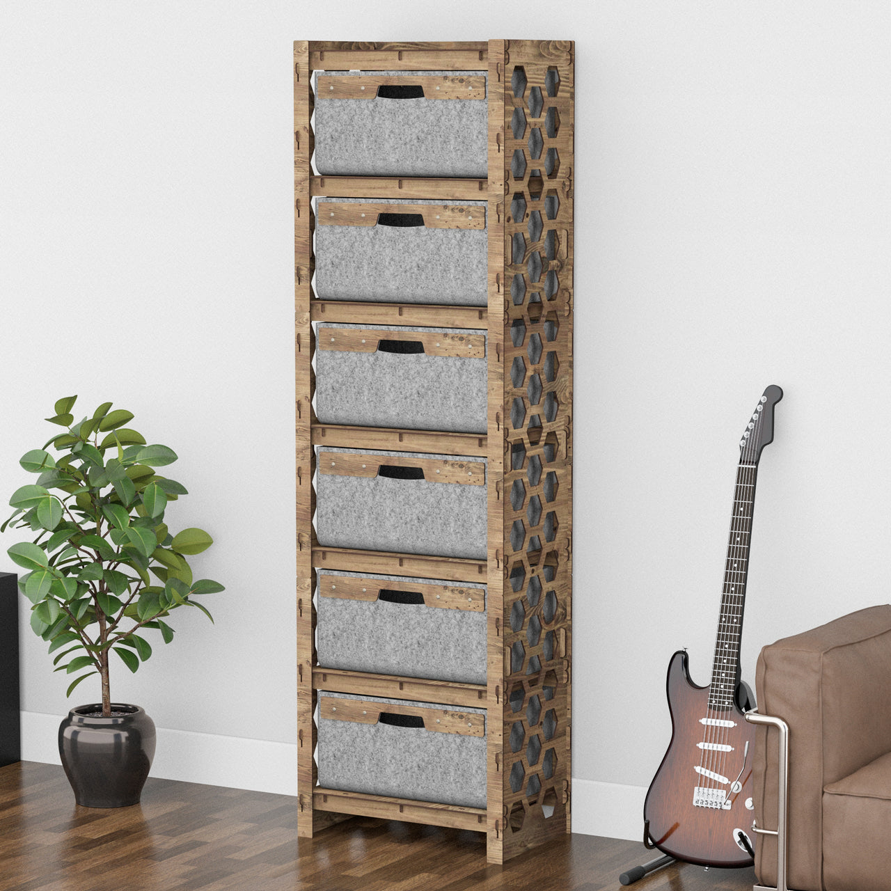 Honeycomb Tall 6 Drawer Storage Tower [6 LARGE GRAY BINS]