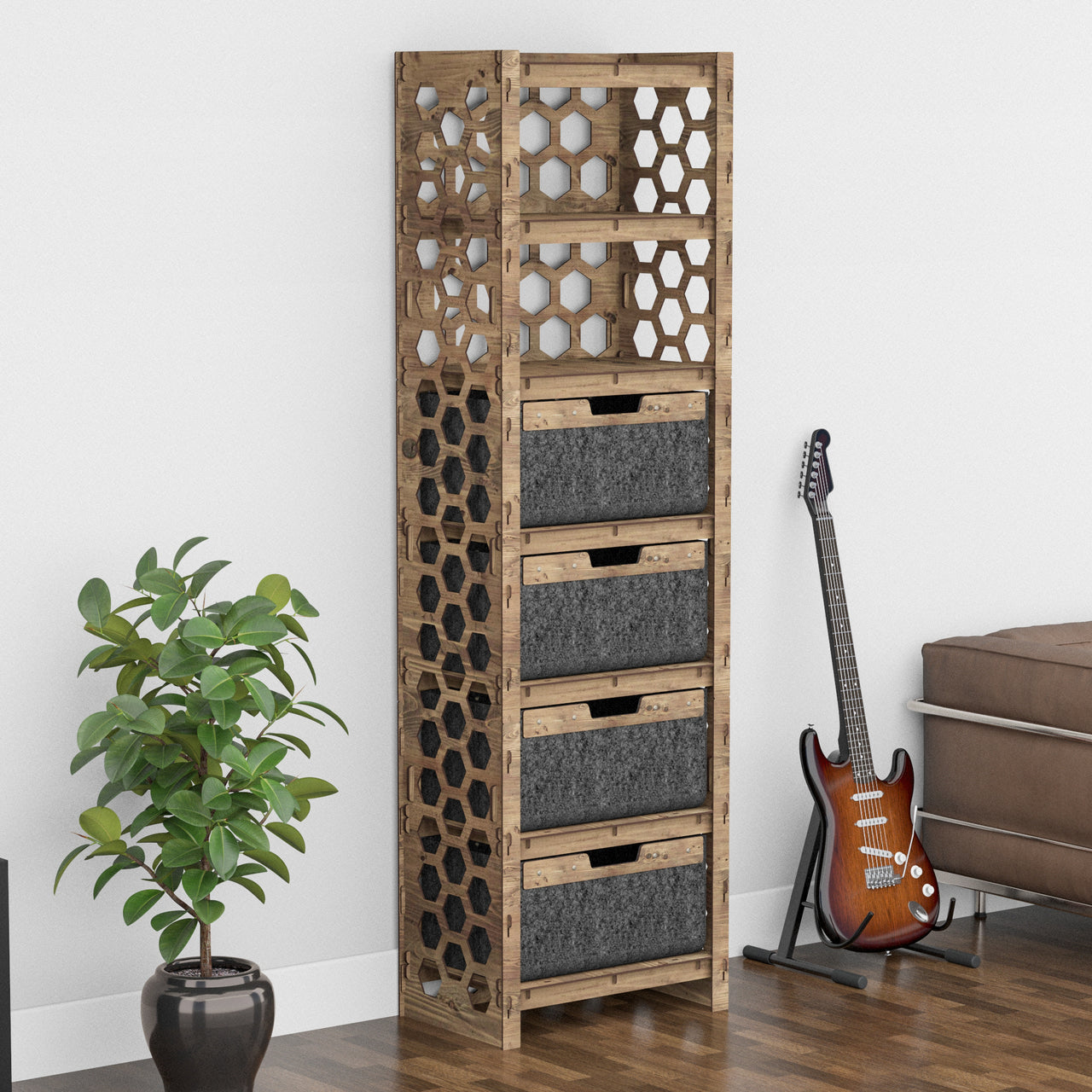 Honeycomb Tall 4 Drawer Storage Tower [4 LARGE BLACK BINS]