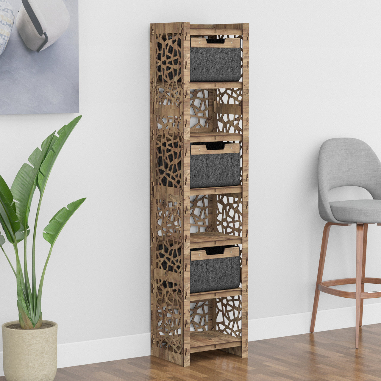 Stones Tall Narrow Tallboy 3 Drawers Storage Tower [3 BLACK BINS]