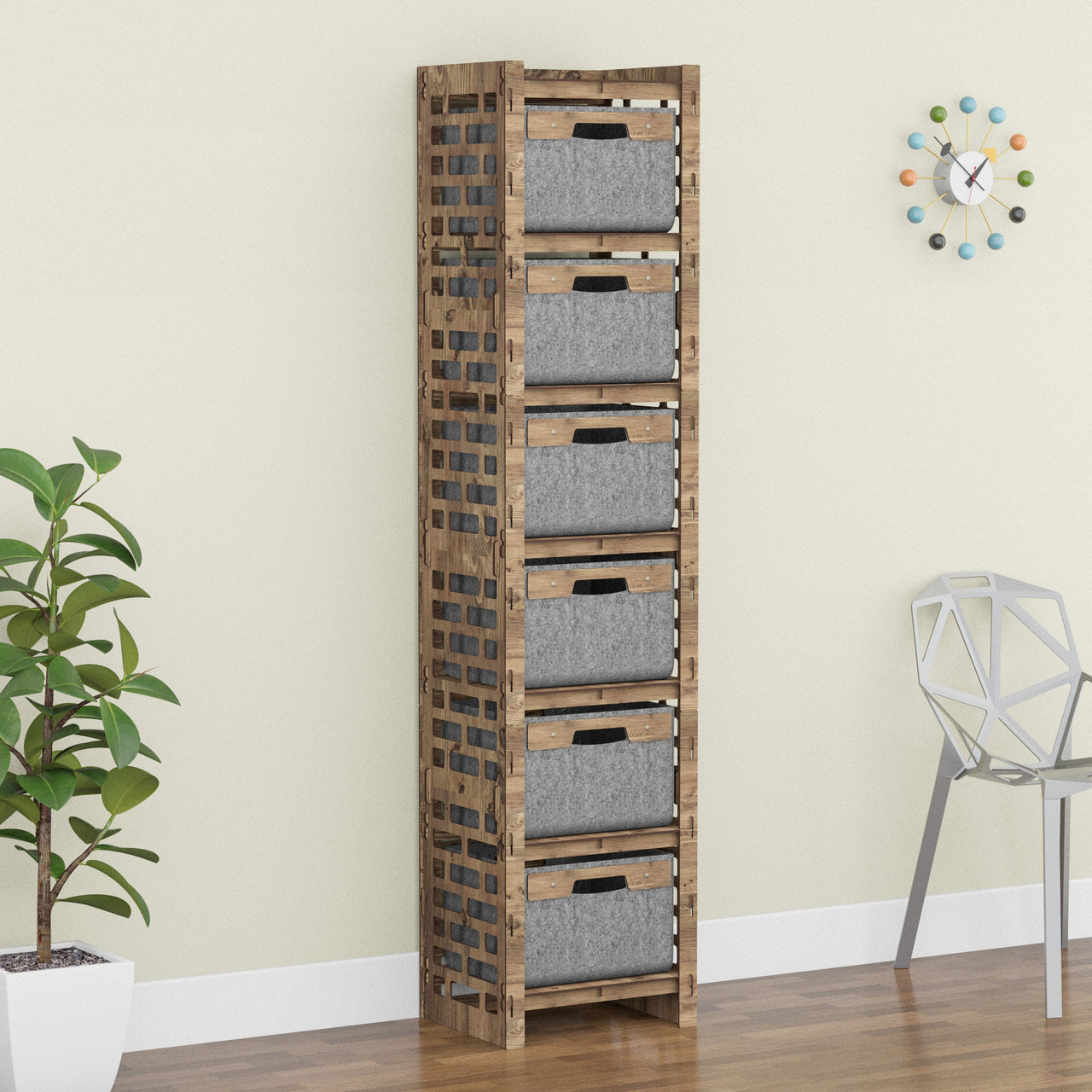 Brickwall Tall Narrow Tallboy 6 Drawers Storage Tower [6 GRAY BINS]