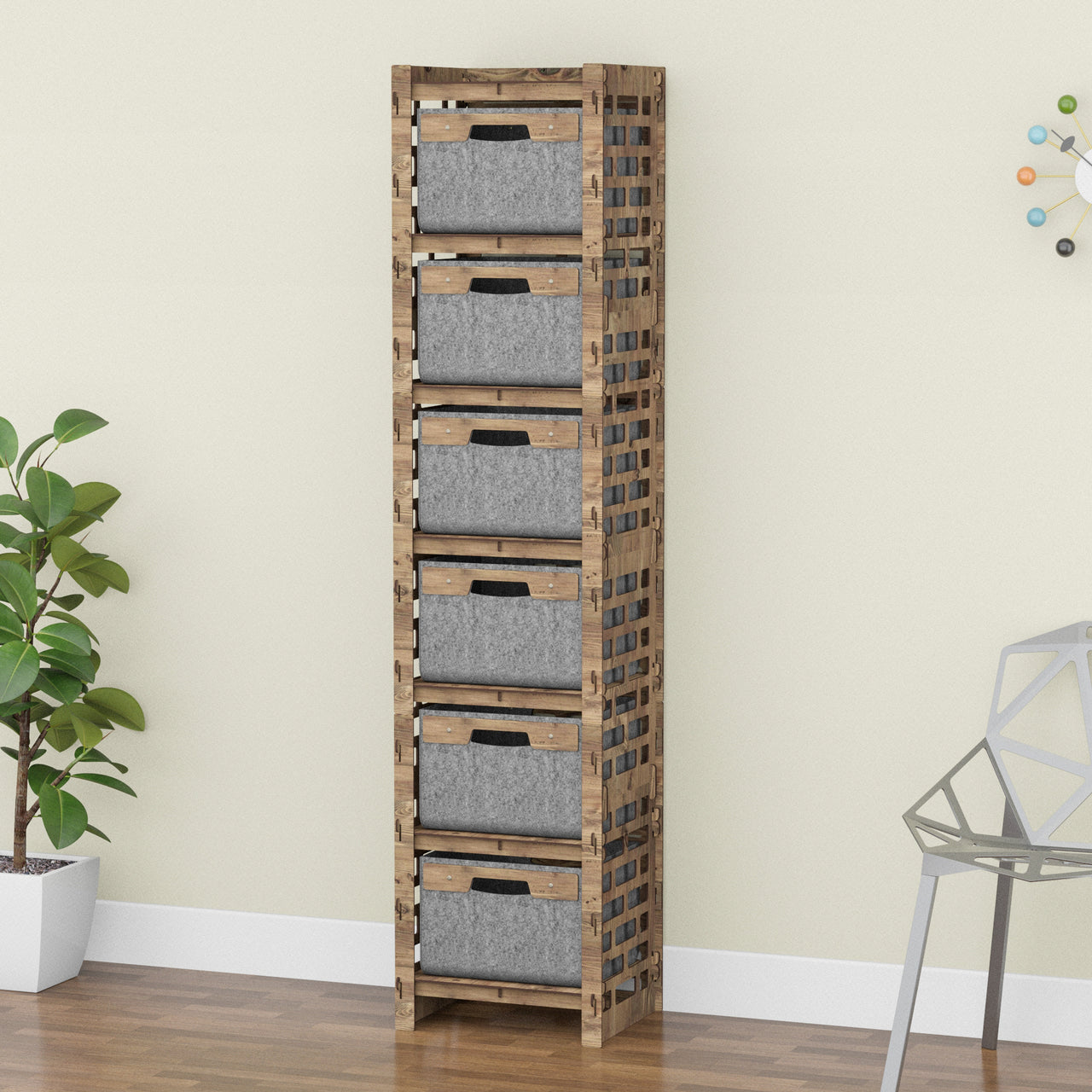 Brickwall Tall Narrow Tallboy 6 Drawers Storage Tower [6 GRAY BINS]