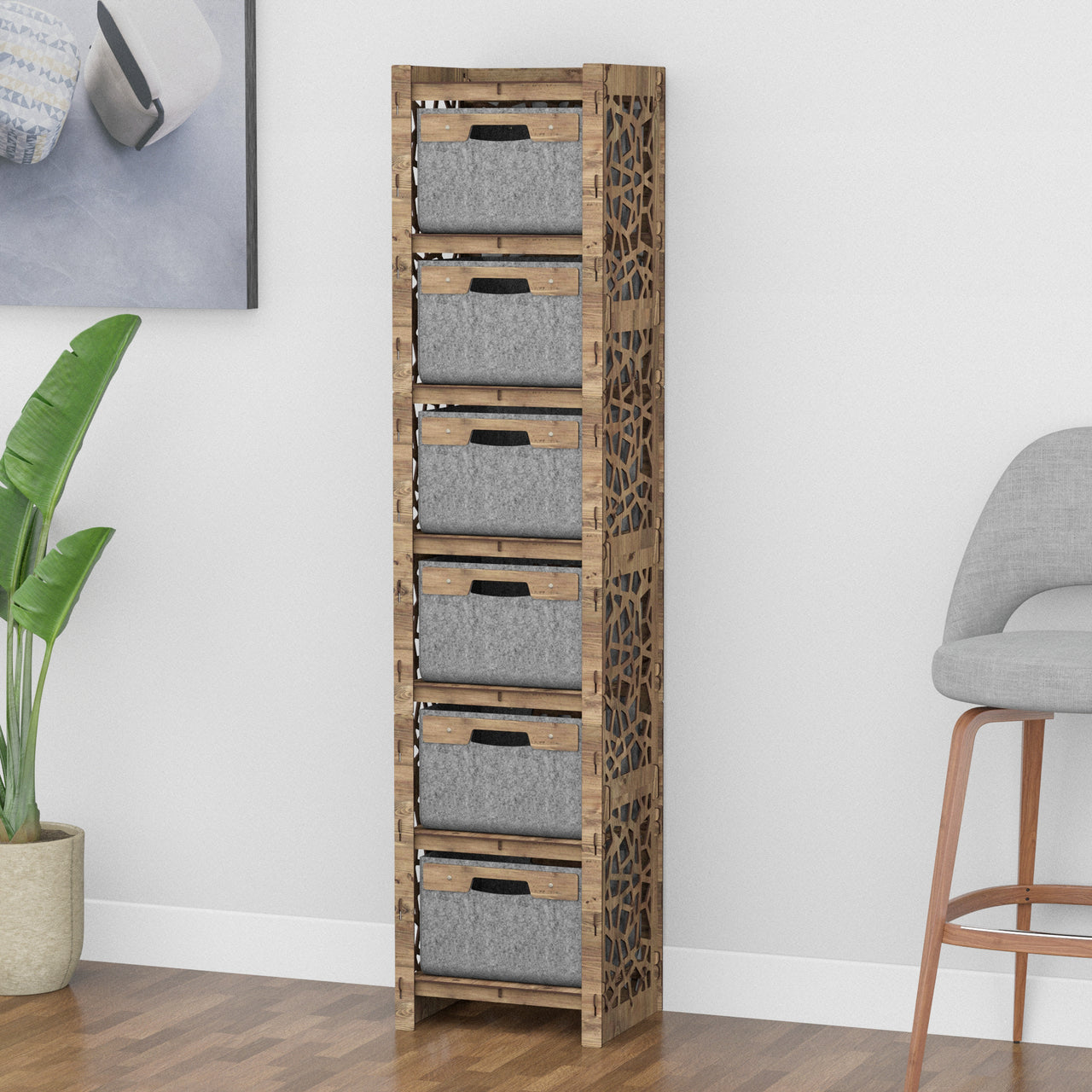 Stones Tall Narrow Tallboy 6 Drawers Storage Tower [6 GRAY BINS]