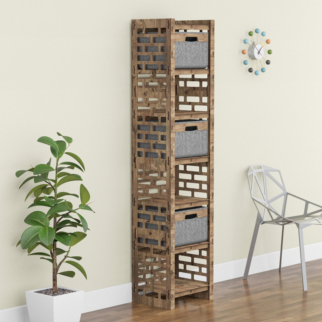 Brickwall Tall Narrow Tallboy 3 Drawers Storage Tower [3 GRAY BINS]