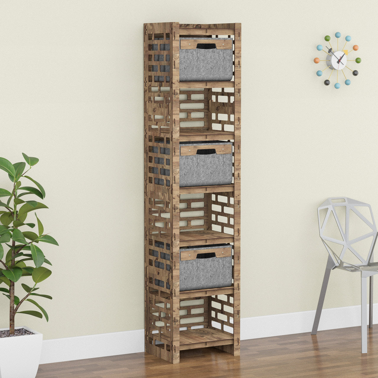 Brickwall Tall Narrow Tallboy 3 Drawers Storage Tower [3 GRAY BINS]