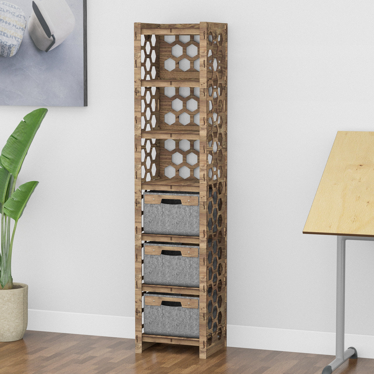 Honeycomb Tall Narrow Tallboy 3 Drawers Storage Tower [3 GRAY BINS]