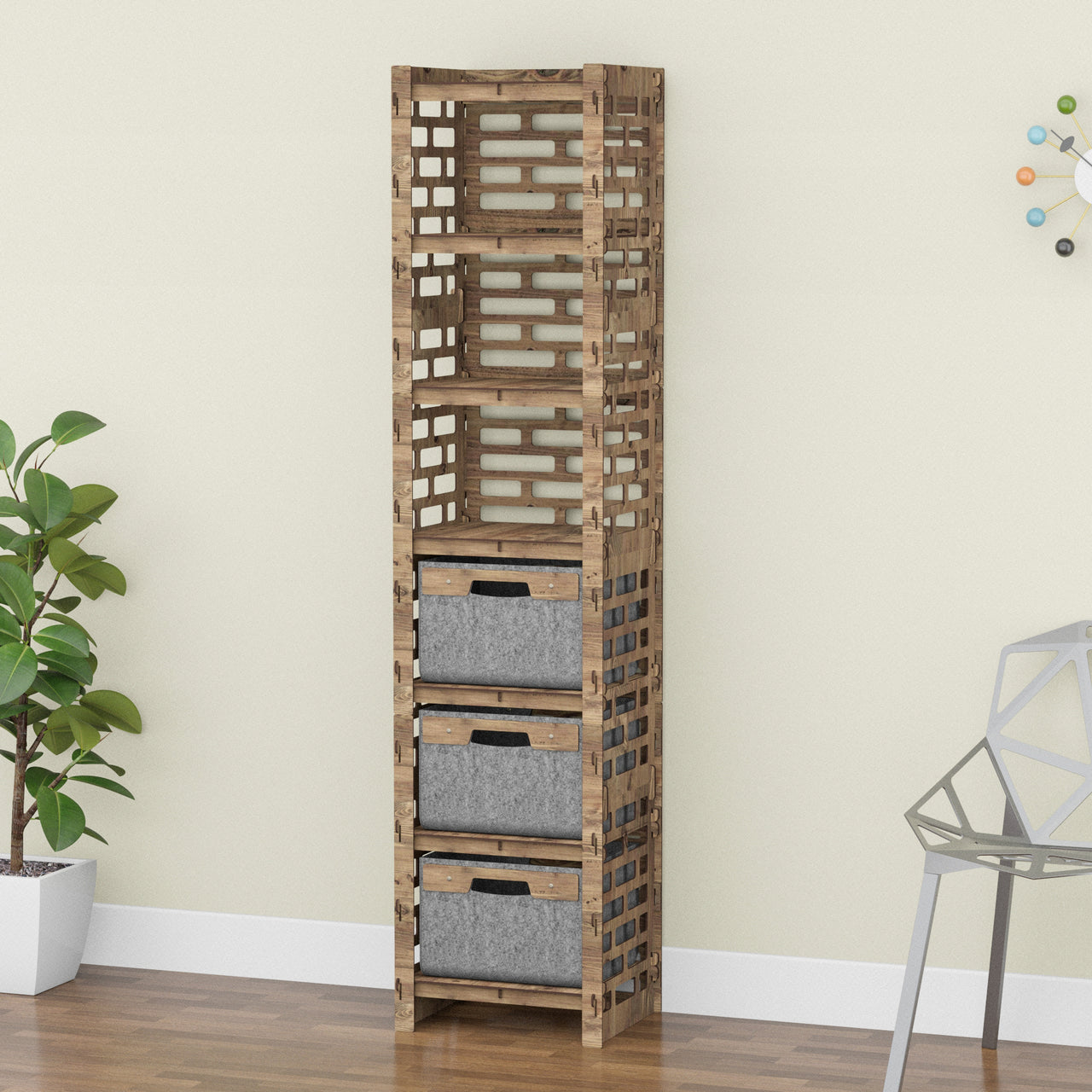 Brickwall Tall Narrow Tallboy 3 Drawers Storage Tower [3 GRAY BINS]