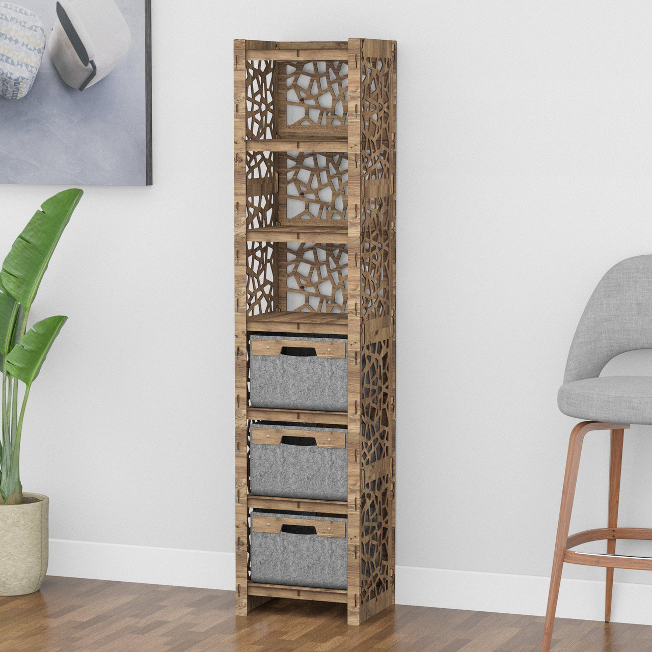 Stones Tall Narrow Tallboy 3 Drawers Storage Tower [3 GRAY BINS]