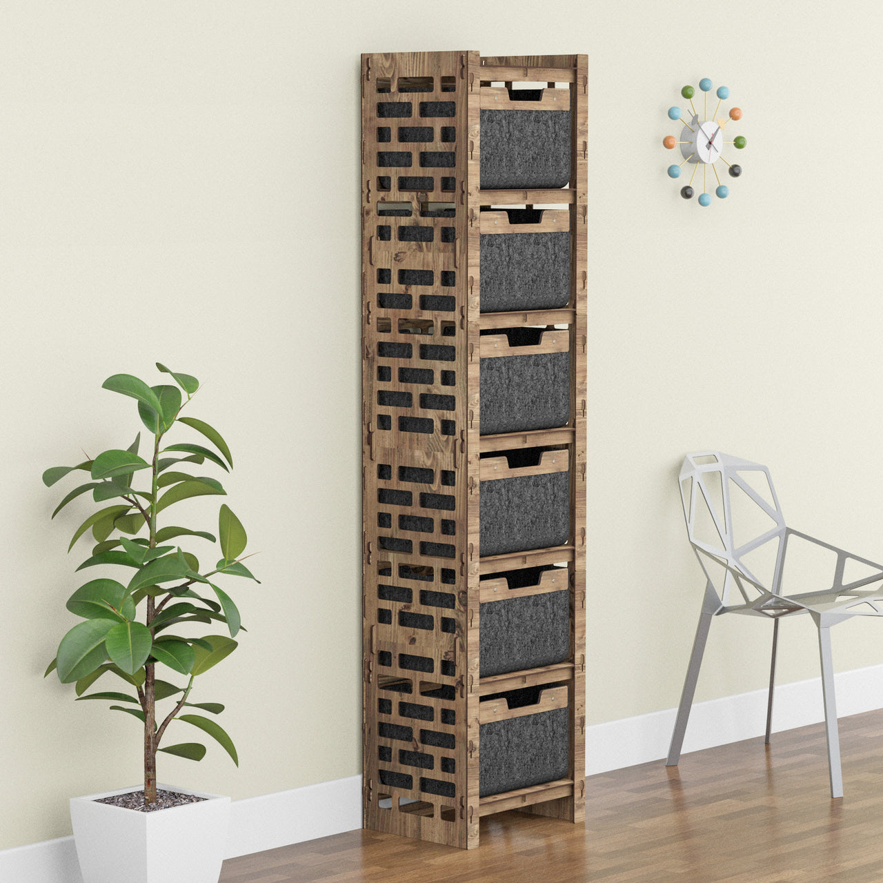 Brickwall Tall Narrow Tallboy 6 Drawers Storage Tower [6 BLACK BINS]