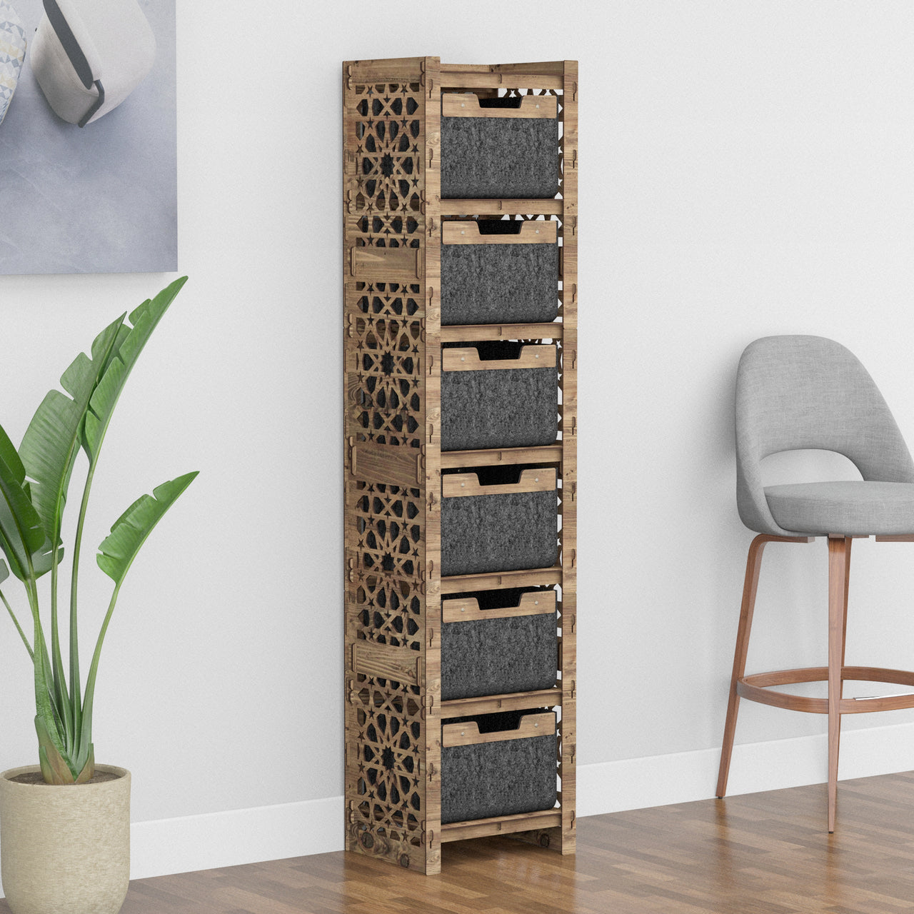 Arabic Tall Narrow Tallboy 6 Drawers Storage Tower [6 BLACK BINS]