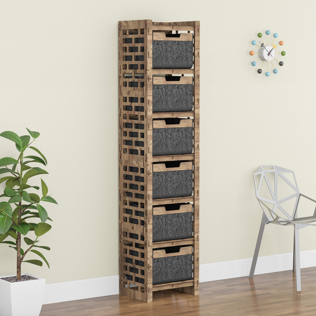 Brickwall Tall Narrow Tallboy 6 Drawers Storage Tower [6 BLACK BINS]