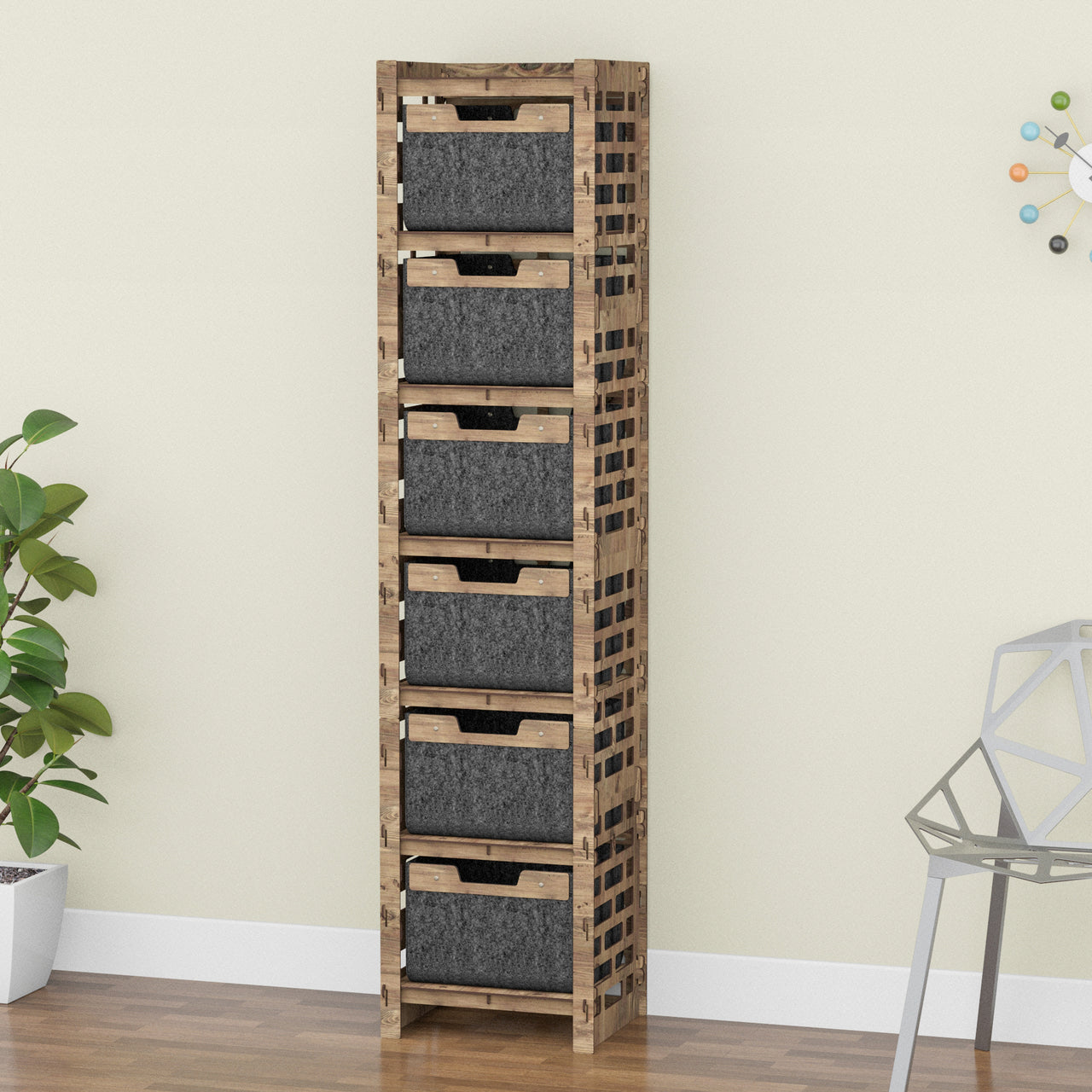 Brickwall Tall Narrow Tallboy 6 Drawers Storage Tower [6 BLACK BINS]