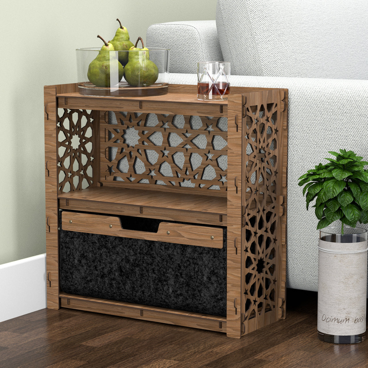 Arabic Side Table, End Table 1 Drawer [1 LARGE BLACK BIN]