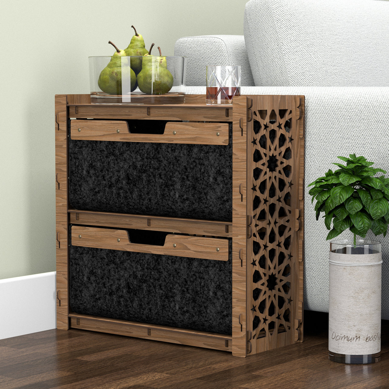 Arabic Side Table, End Table 2 Drawers [2 LARGE BLACK BINS]