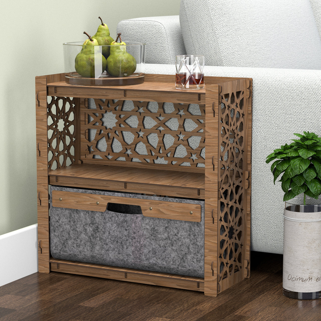 Arabic Side Table, End Table 1 Drawer [1 LARGE GRAY BIN]