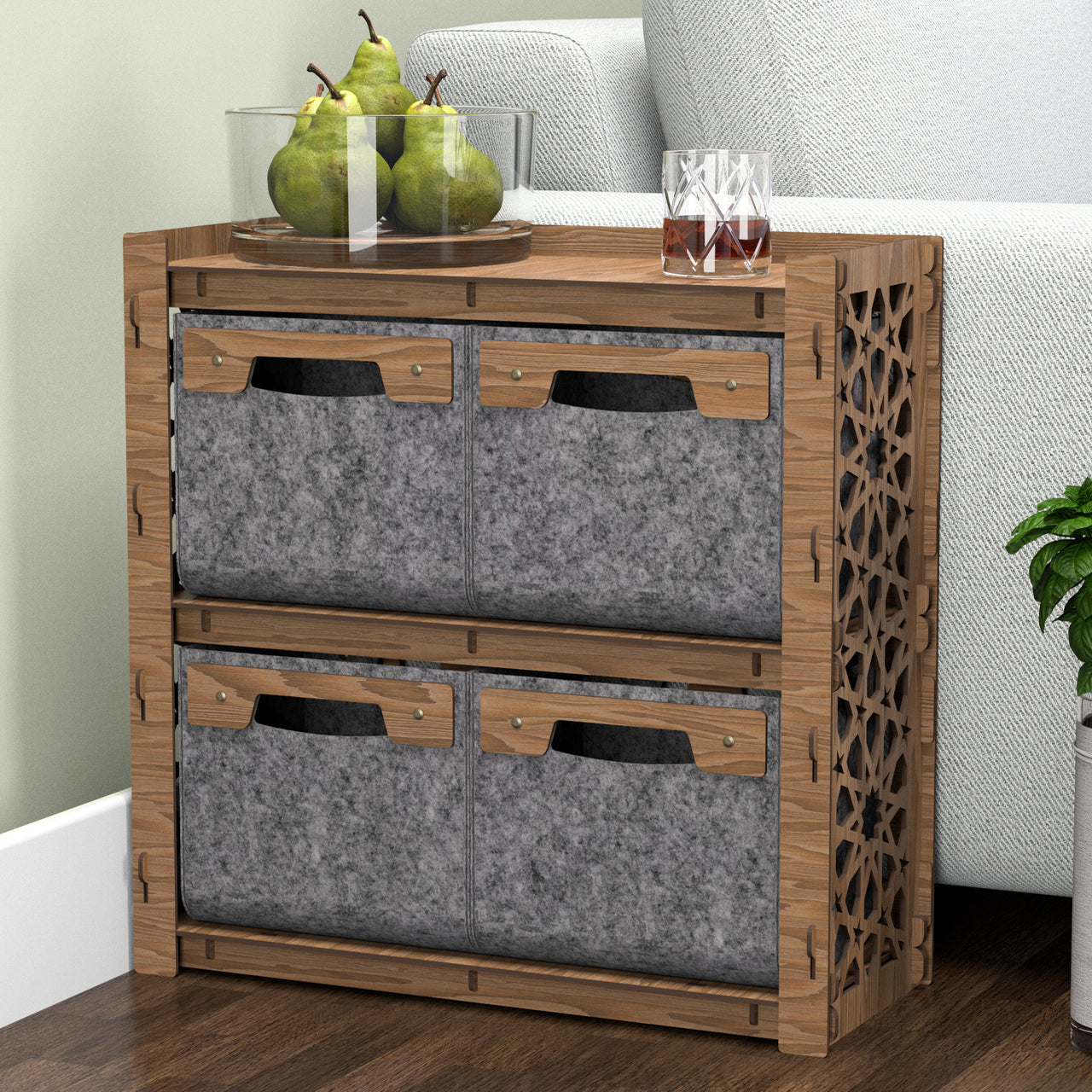 Arabic Side Table, End Table 4 Drawers [4 SMALL GRAY BINS]