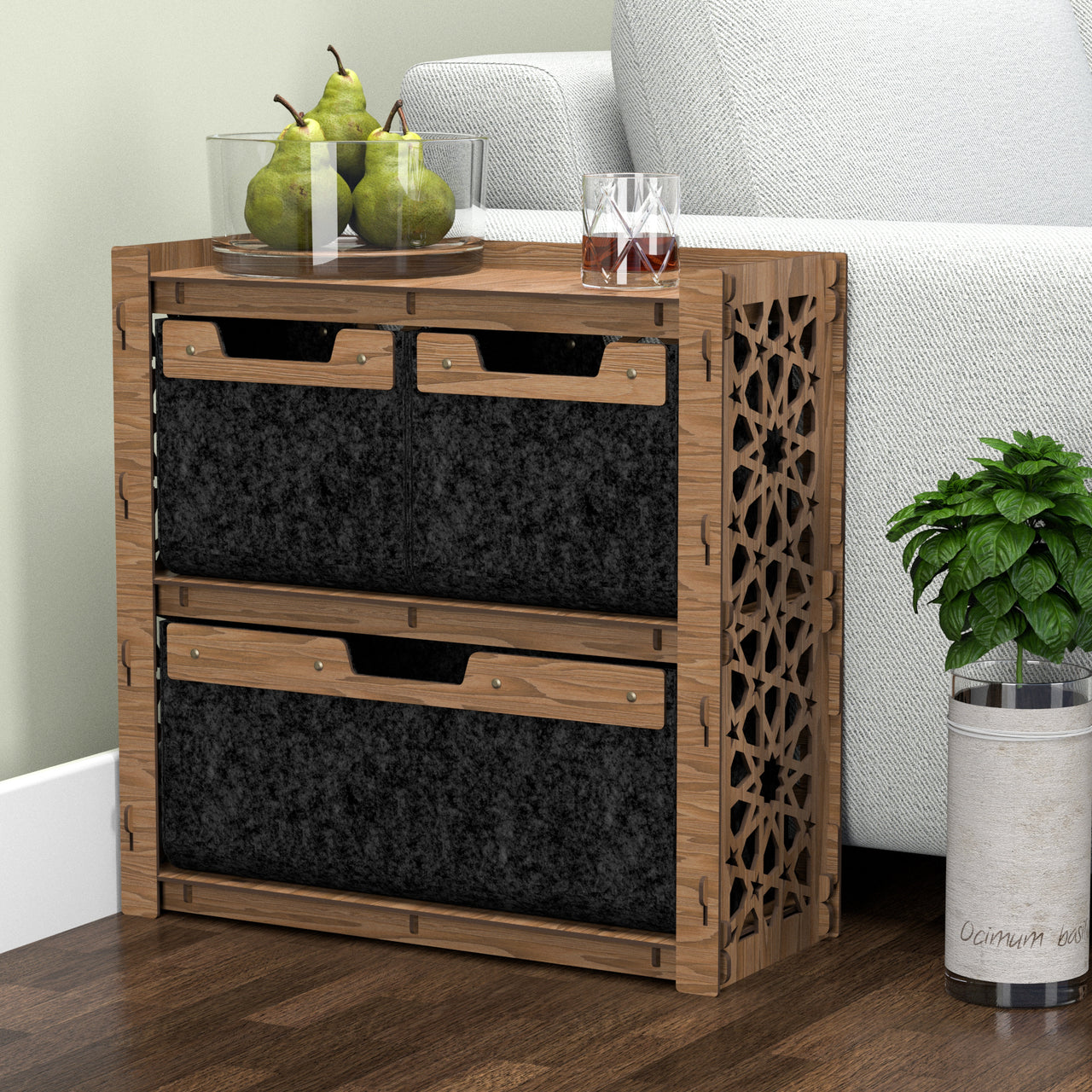 Arabic Side Table, End Table 3 Drawers [1L 2S BLACK BINS]