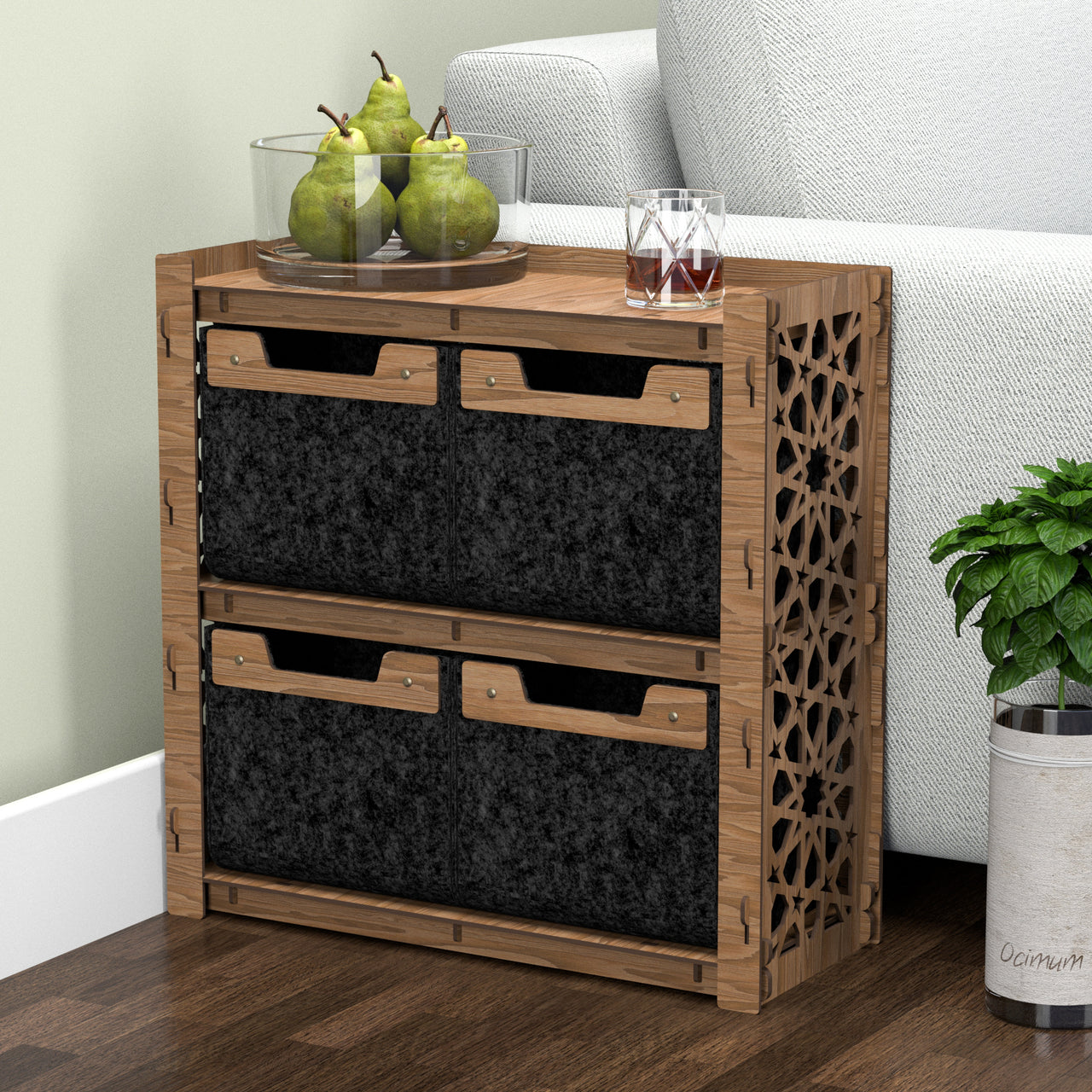 Arabic Side Table, End Table 4 Drawers [4 SMALL BLACK BINS]