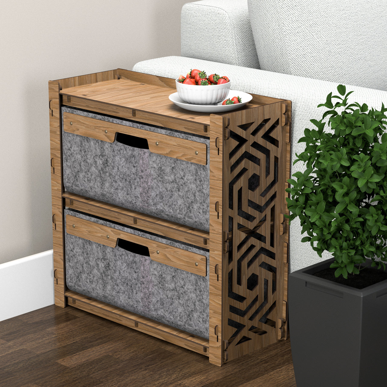 Solar Side Table, End Table 2 Drawers [2 LARGE GRAY BINS]