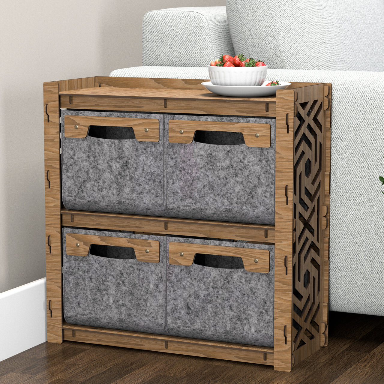 Solar Side Table, End Table 4 Drawers [4 SMALL GRAY BINS]