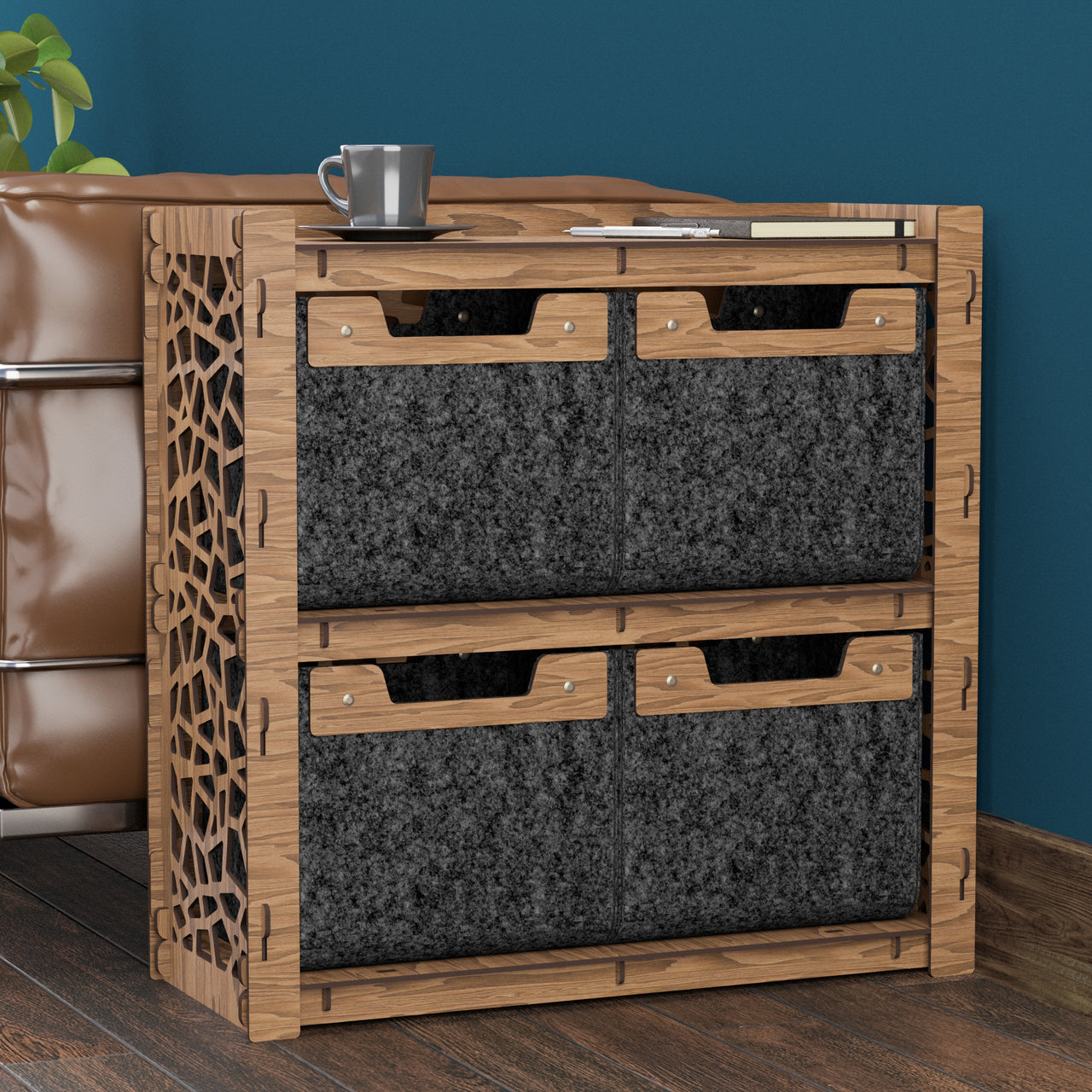 Stones Side Table, End Table 4 Drawers [4 SMALL BLACK BIN]