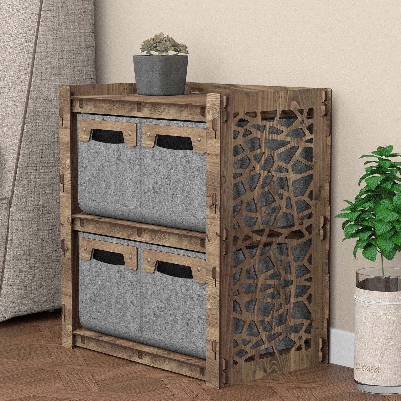 Stones Bedside Table Nightstand 4 Drawers [4 SMALL GRAY BINS]