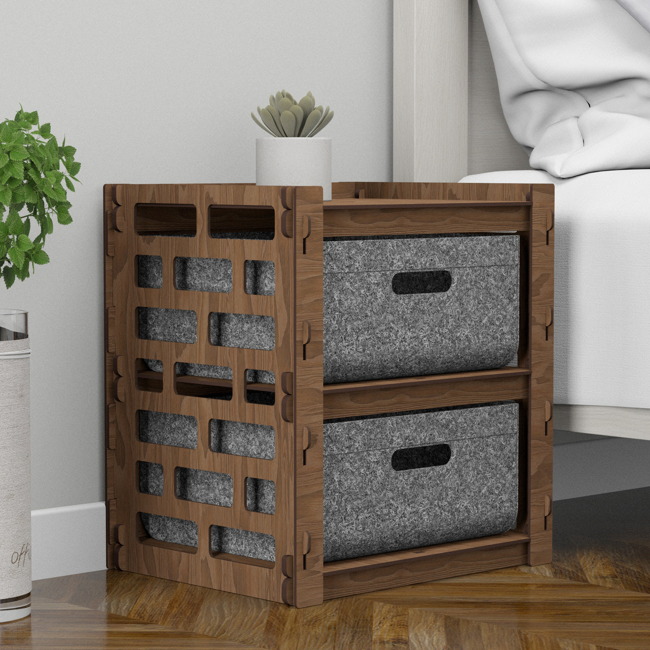 Brickwall Small Bedside Table Nightstand 2 Drawer [2 LARGE GRAY BIN]