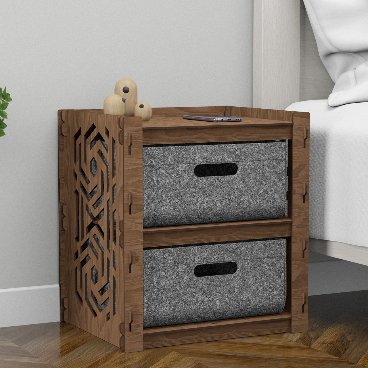 Solar Small Bedside Table Nightstand 2 Drawer [2 LARGE GRAY BIN]