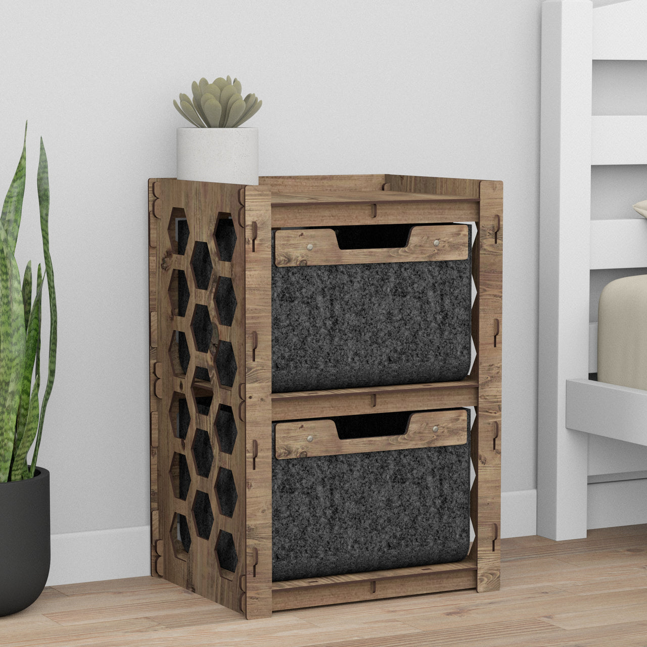 Honeycomb Bedside Table Nightstand 2 Drawers [2 BLACK BINS]