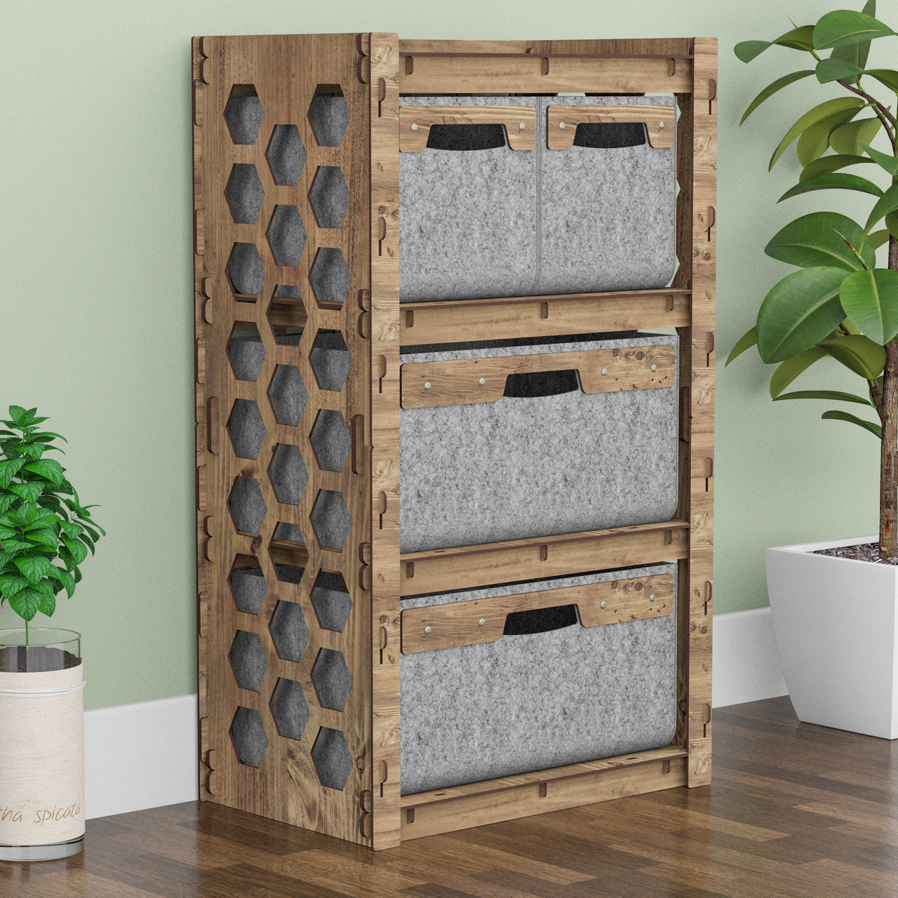 Honeycomb Chest Of 4 Drawers Storage Cabinet [2S 2L GRAY BINS]