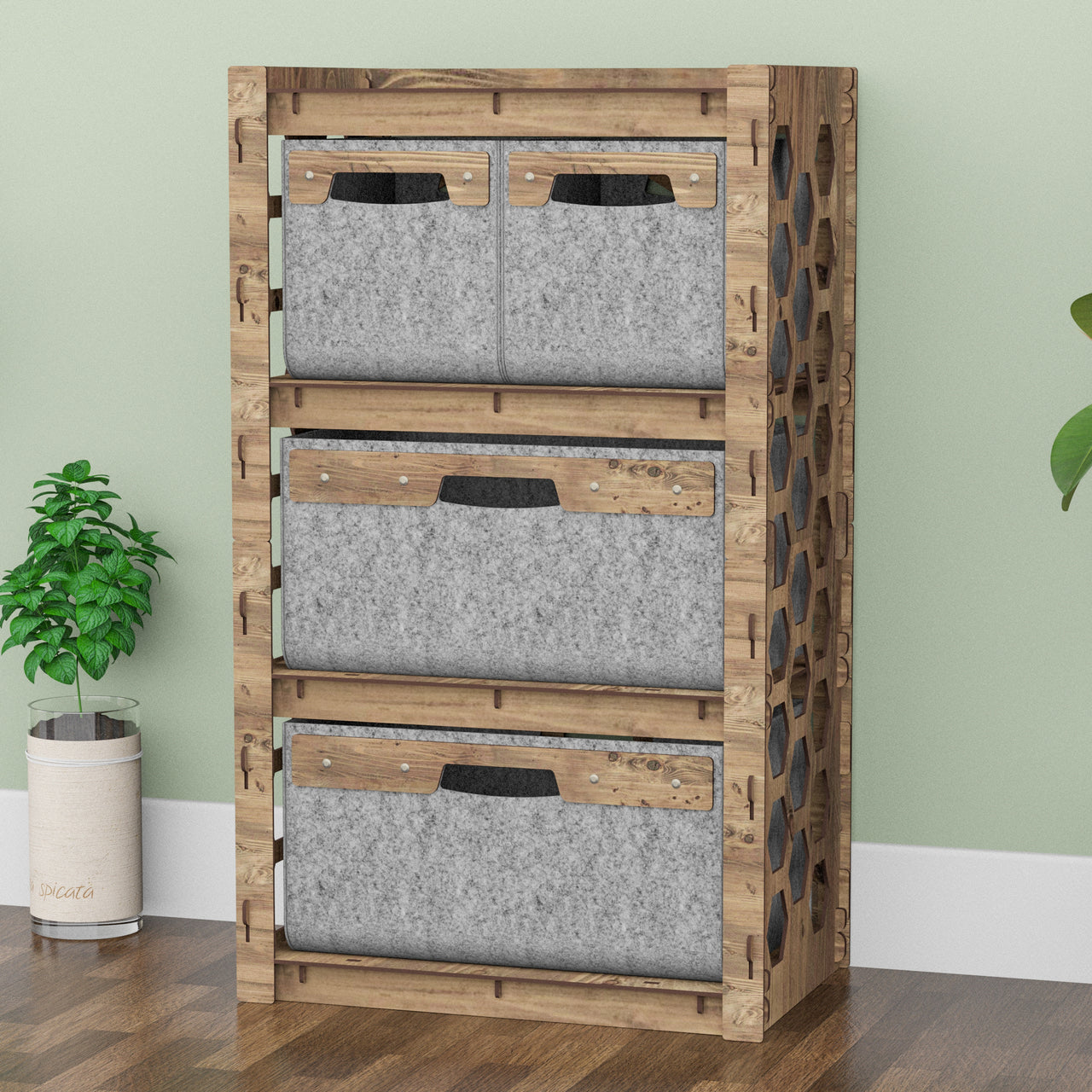 Honeycomb Chest Of 4 Drawers Storage Cabinet [2S 2L GRAY BINS]