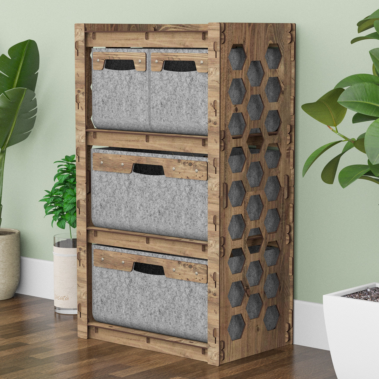 Honeycomb Chest Of 4 Drawers Storage Cabinet [2S 2L GRAY BINS]