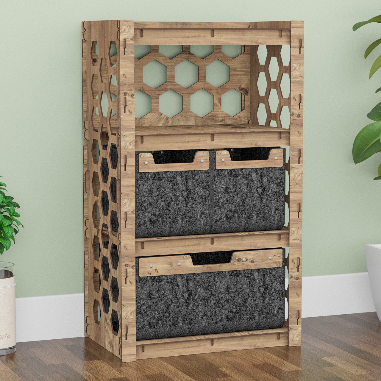 Honeycomb Chest Of 3 Drawers Storage Cabinet [1L 2S BLACK BINS]