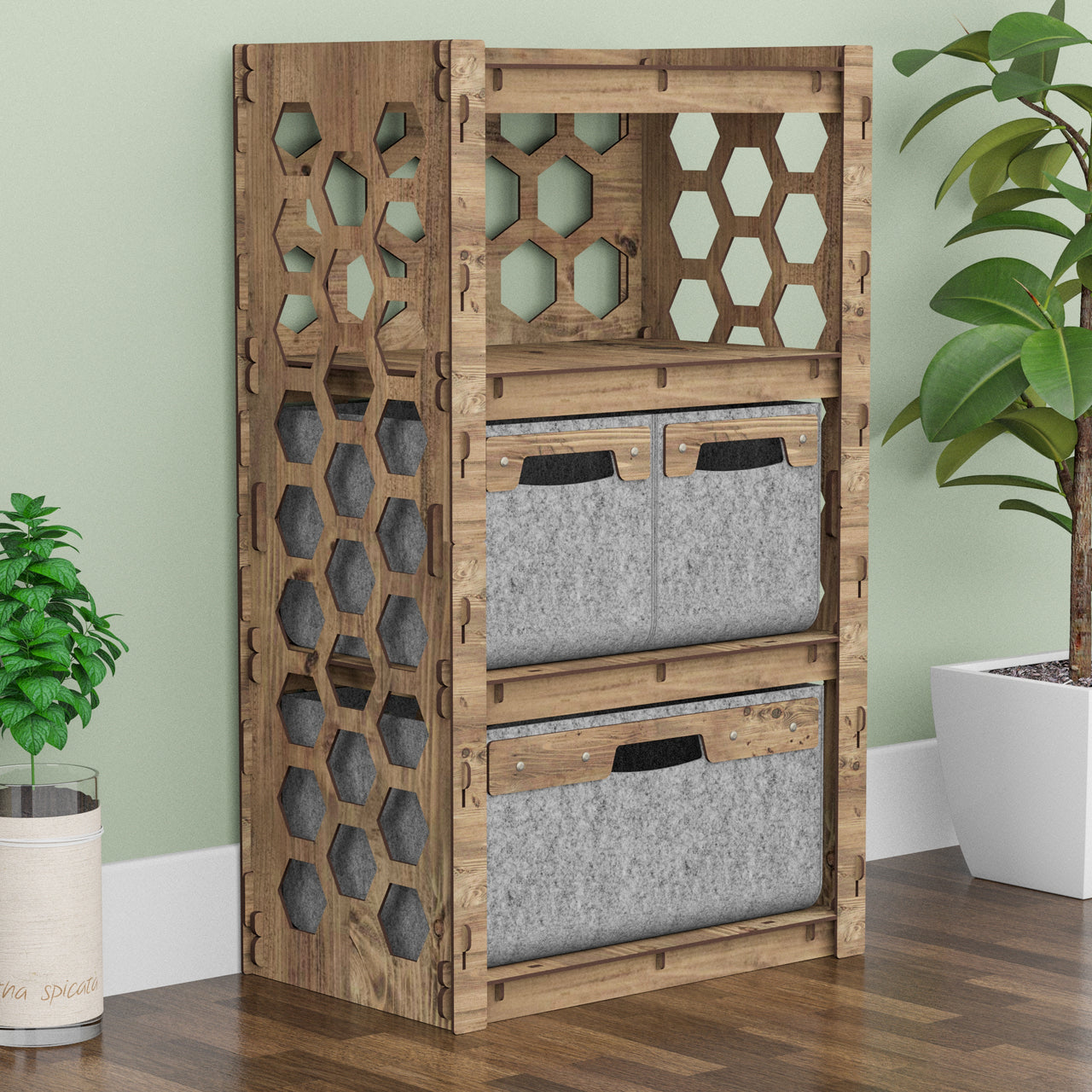 Honeycomb Chest Of 3 Drawers Storage Cabinet [1L 2S GRAY BINS]