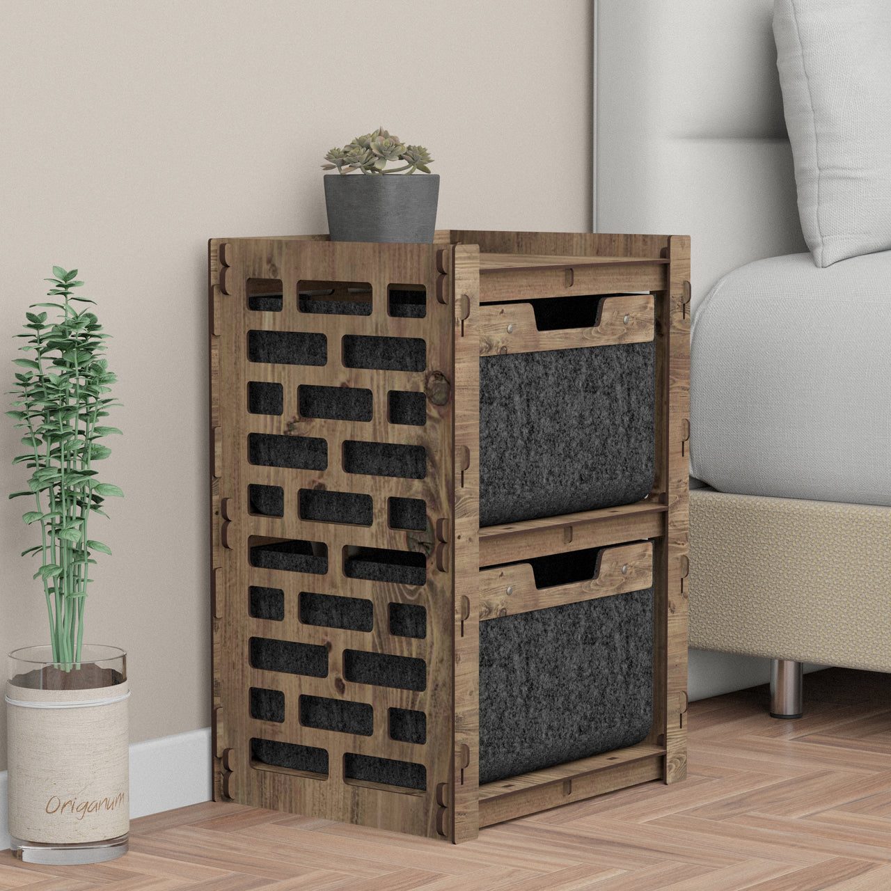 Brickwall Bedside Table Nightstand 2 Drawers [2 BLACK BINS]