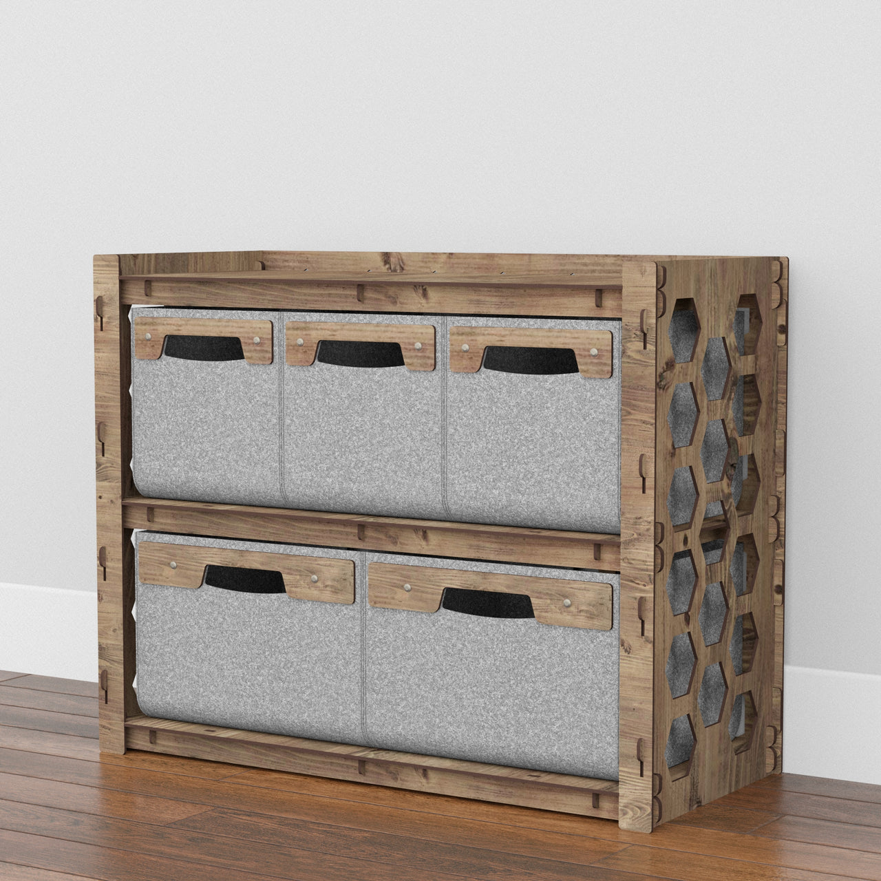 Honeycomb Low Dresser 5 Drawers Side Table [2L 3S GRAY BINS]