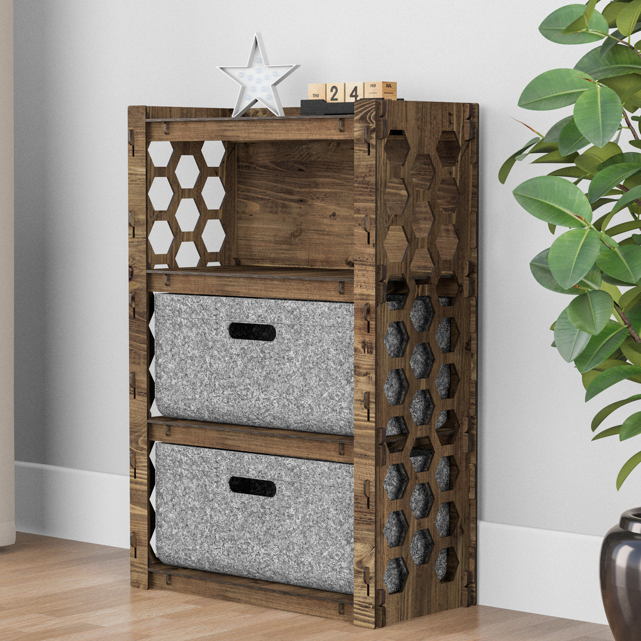 Honeycomb Chest Of 2 Drawers Storage Cabinet [2L GRAY BINS]