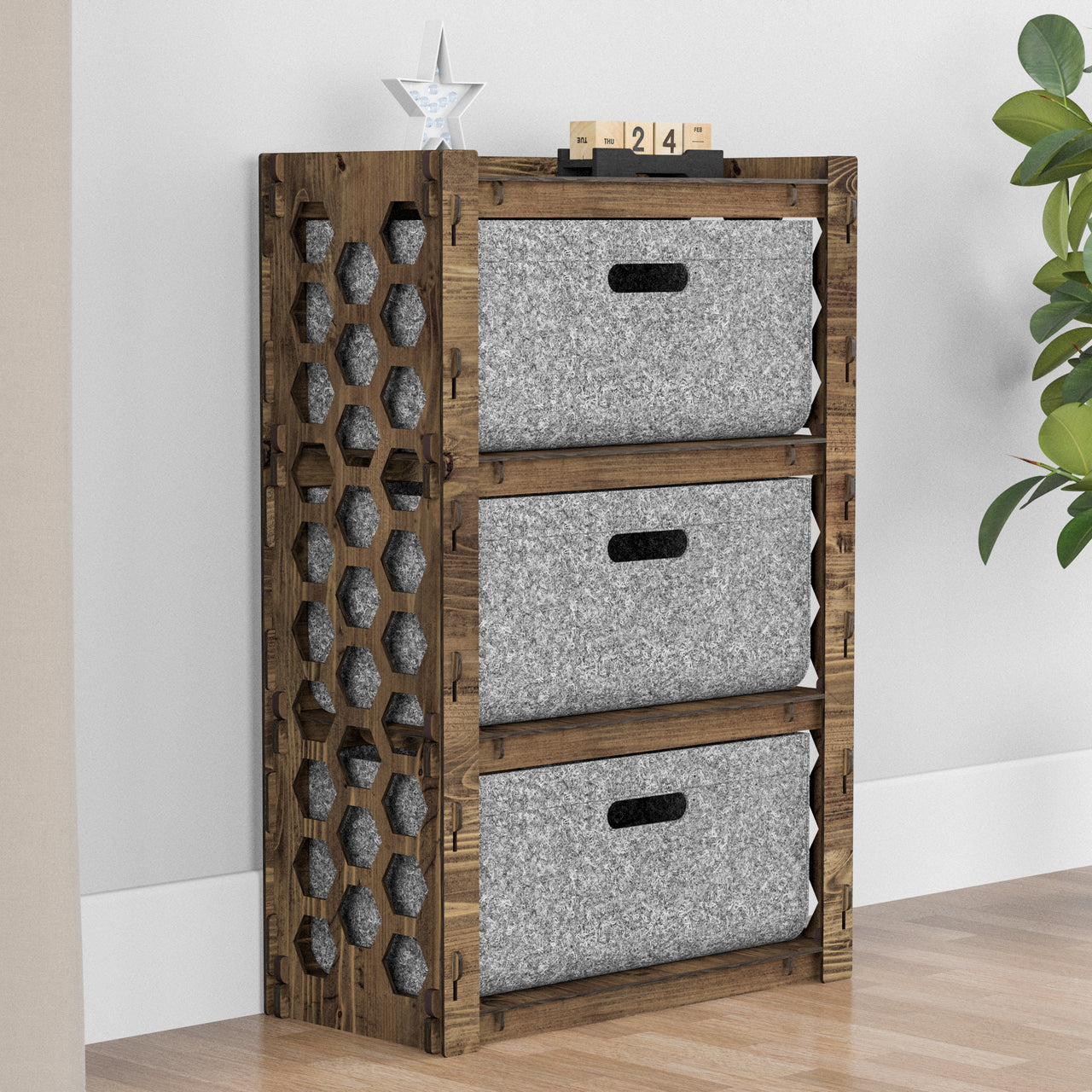 Honeycomb Chest Of 3 Drawers Storage Cabinet [3L GRAY BINS]