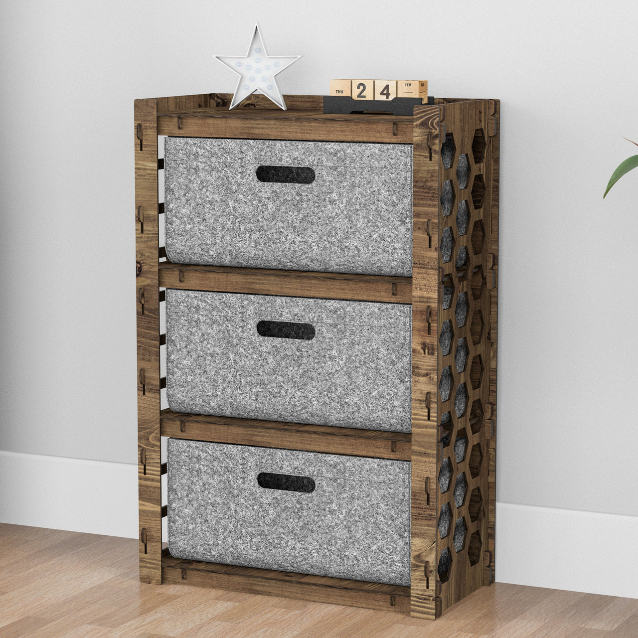 Honeycomb Chest Of 3 Drawers Storage Cabinet [3L GRAY BINS]