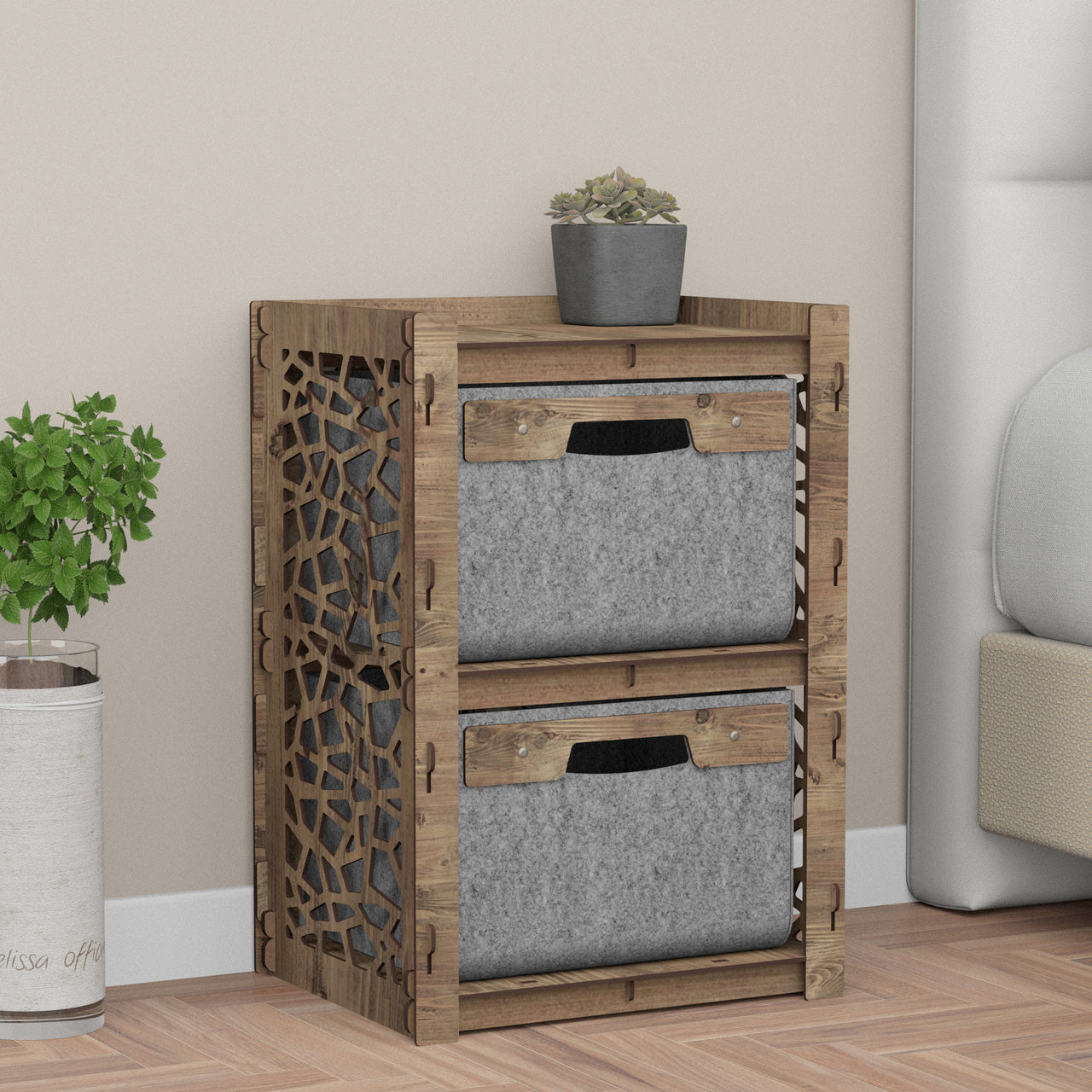 Stones Bedside Table Nightstand 2 Drawers [2 GRAY BINS]