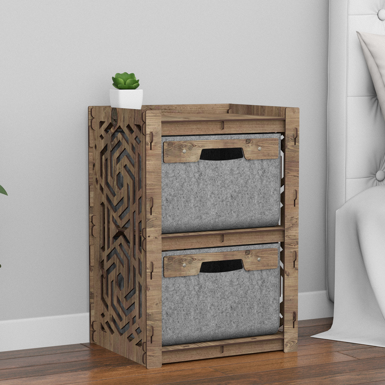 Solar Bedside Table Nightstand 2 Drawers [2 GRAY BINS]