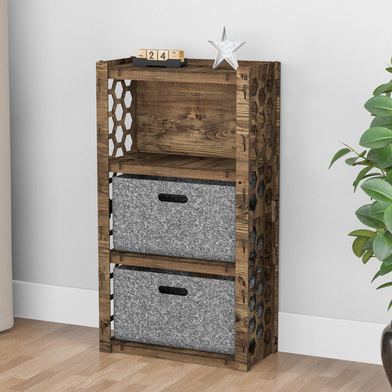 Honeycomb Chest Of 2 Drawers Storage Cabinet [2L GRAY BINS]