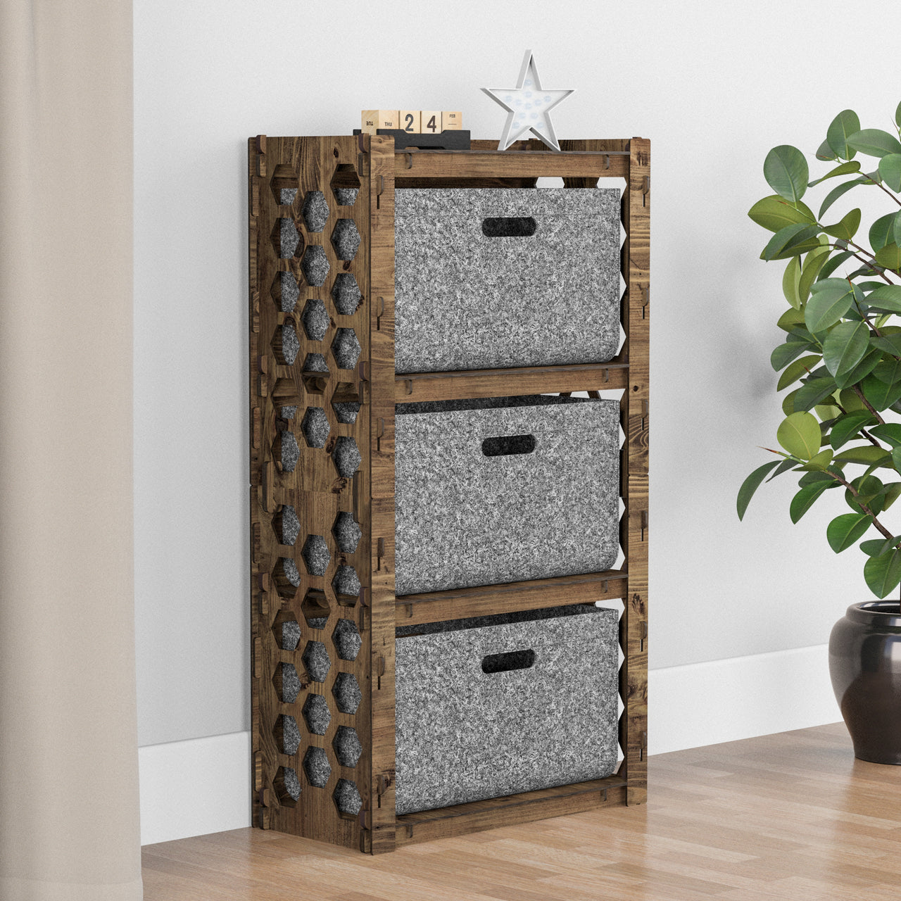 Honeycomb Chest Of 3 Drawers Storage Cabinet [3L GRAY BINS]