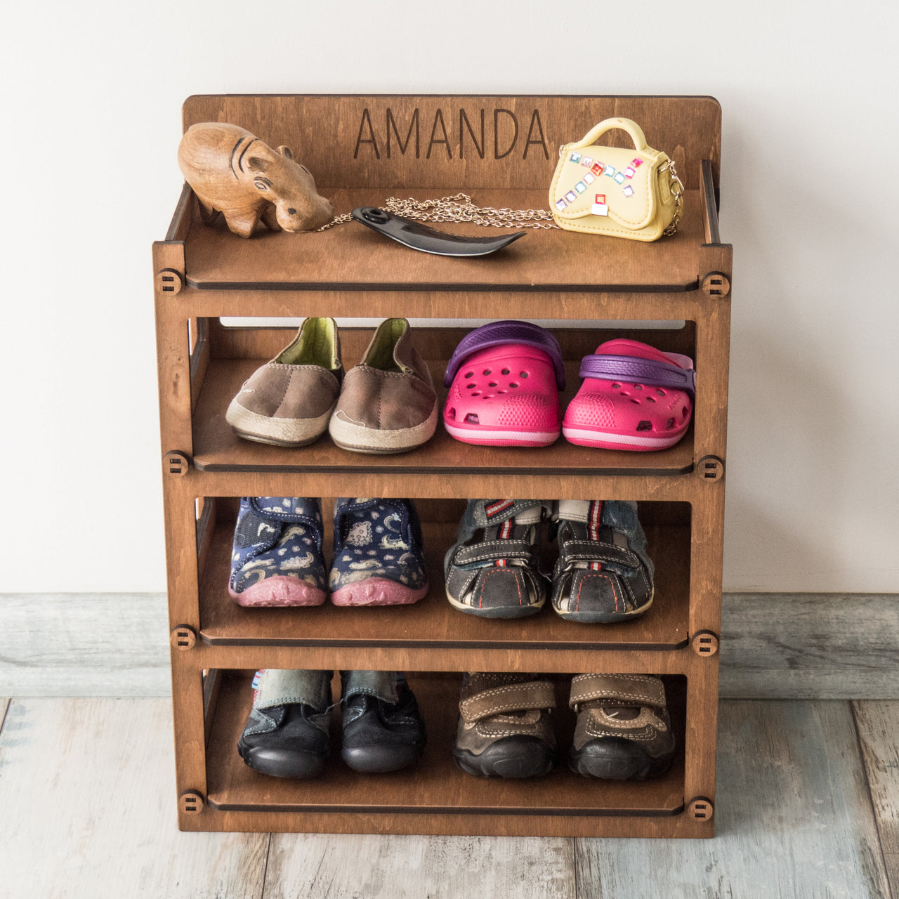 Small Kids Shoe Rack, Toddler Shoe Shelf With Personalization - Hexagonica