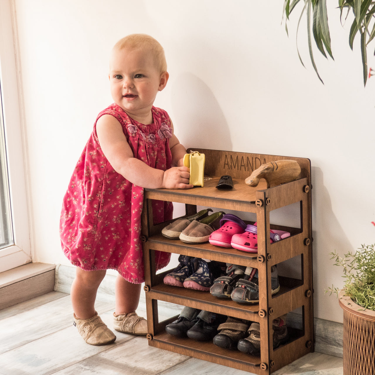 Small Kids Shoe Rack, Toddler Shoe Shelf With Personalization - Hexagonica
